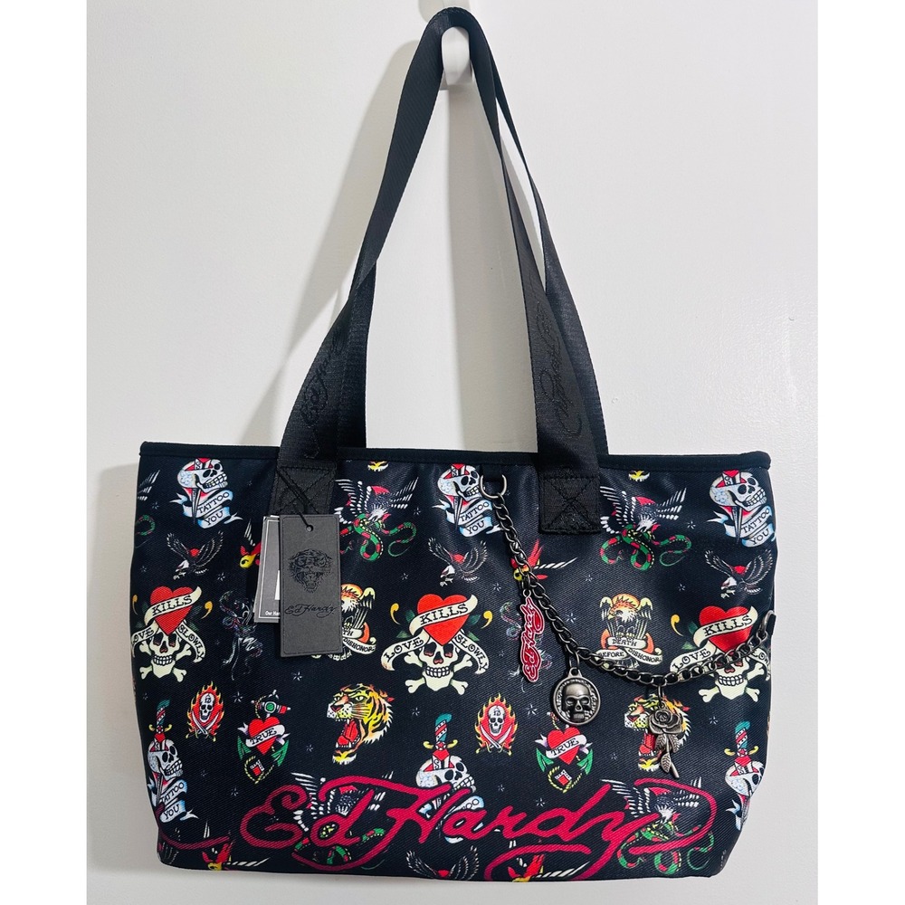 NWT Ed Hardy Black Tattoo Flash Skull Y2K Tote Shoulder Bag Charms Love Kills